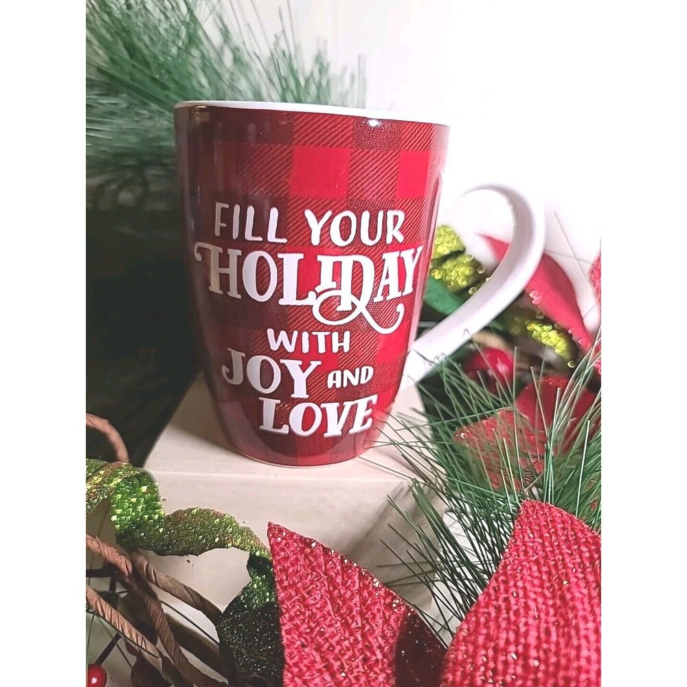 NWT Coffee/ Cocoa Mug Buffalo Check Fill Your Holiday With Joy & Love Christmas